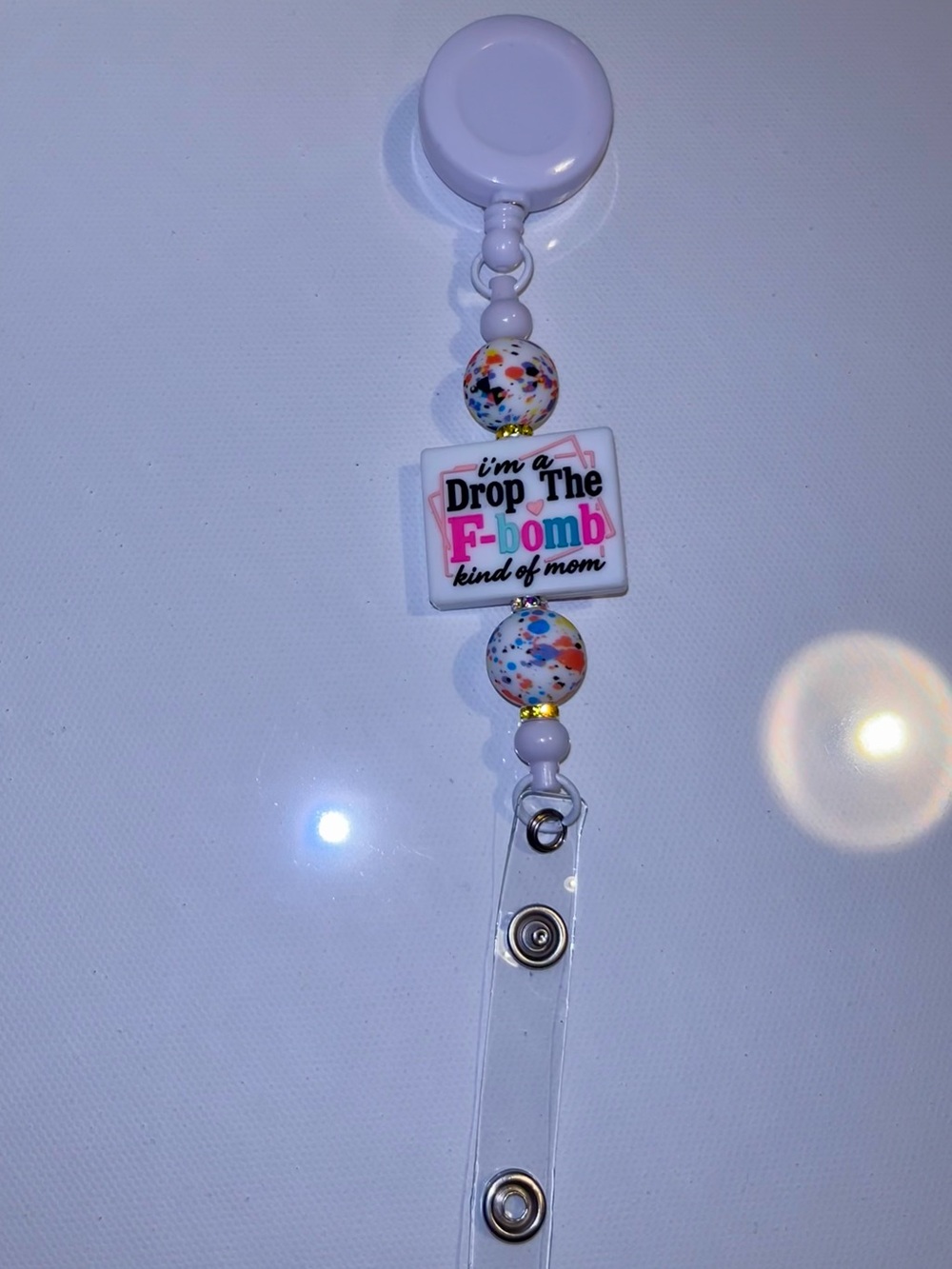 White Beaded Badge Reel - "Drop The F-bomb" Mom Design